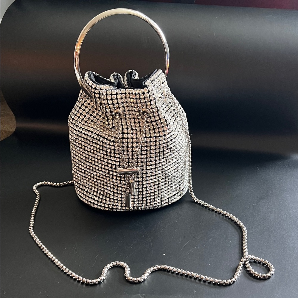 Silver Rhinestone Bucket Bag with Metal Ring Handle and Chain Strap
